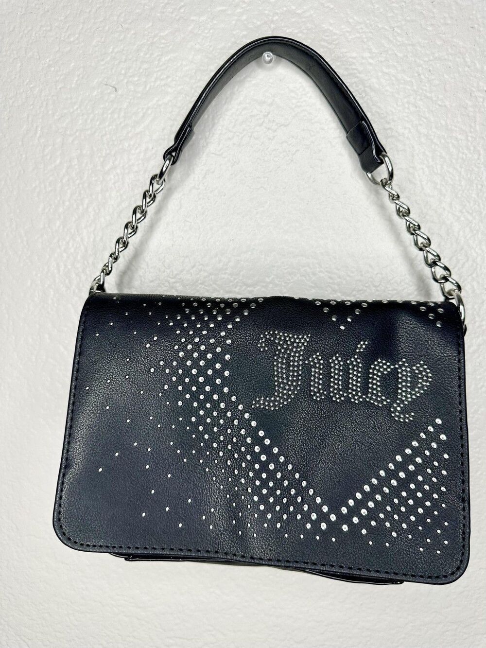 Juicy Couture Shoulder Bag Womens Small Black Faux Leather Studded Chain Strap